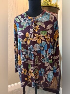 Johnny Was  3/4 Sleeve Floral Lexi Henley Burgandy, Blue & Yellow